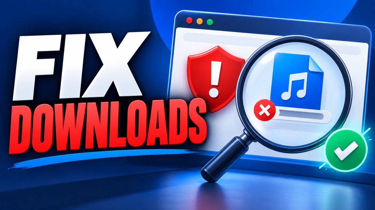 Illustration of a browser download warning and a magnifying glass inspecting an audio file
