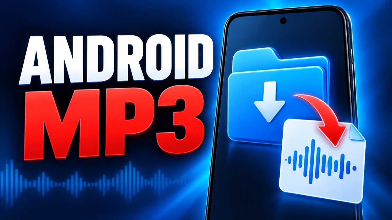 Illustration of an Android phone and downloaded MP3 file beside a folder
