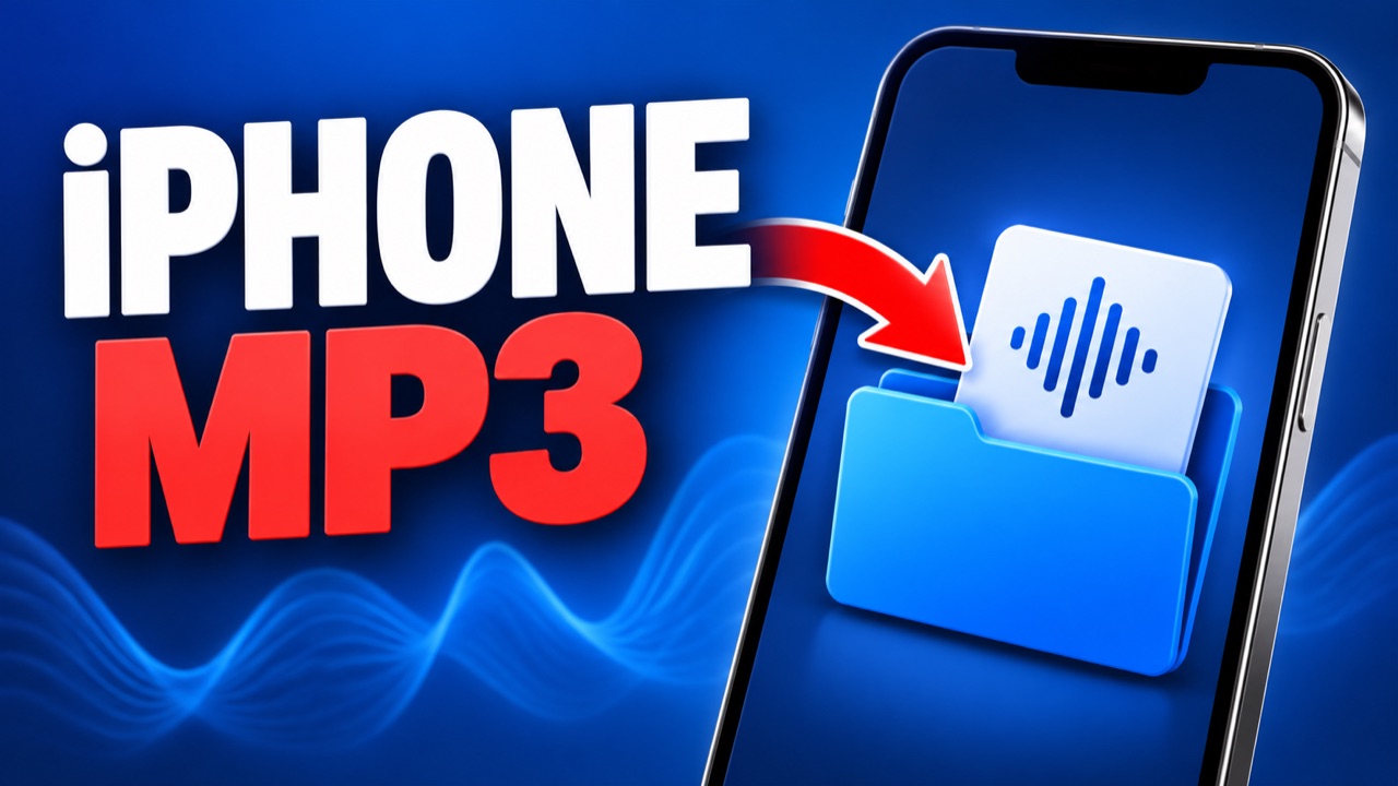 Illustration of an iPhone and an MP3 audio file moving into a downloads folder
