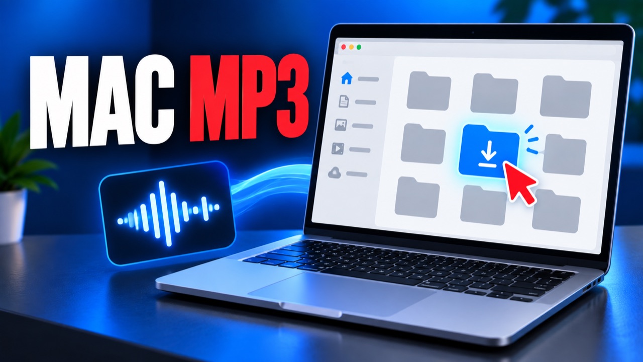 Illustration of a Mac laptop showing a highlighted audio downloads folder