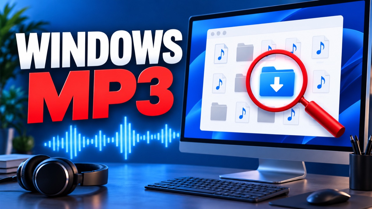 Illustration of a Windows desktop and a highlighted downloads folder containing audio files