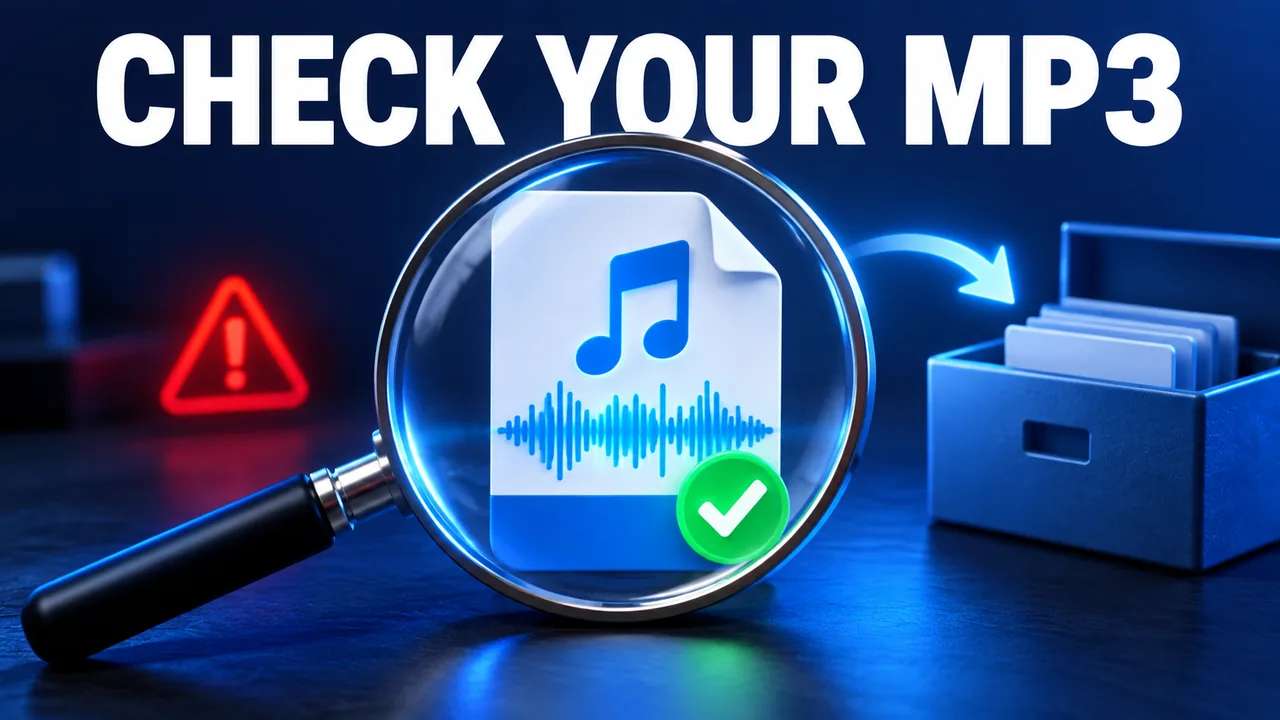 Magnifying glass checking a generic MP3 audio file