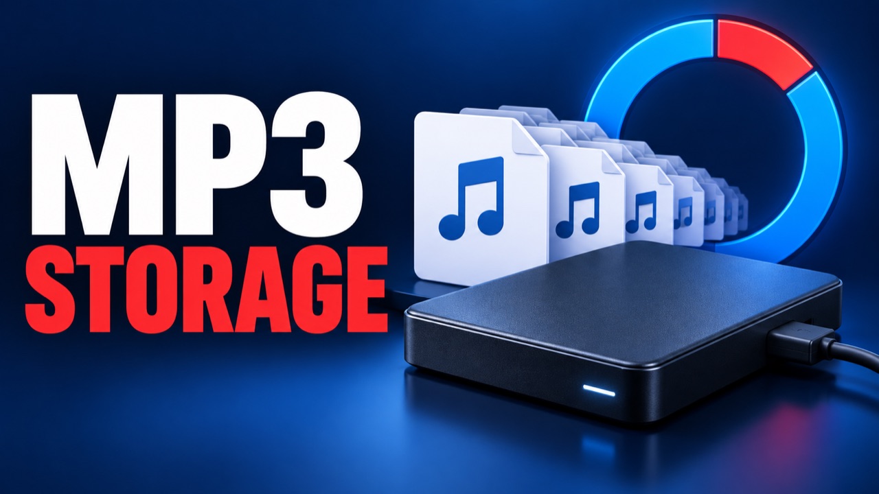 Illustration of MP3 audio files beside a storage drive and capacity gauge
