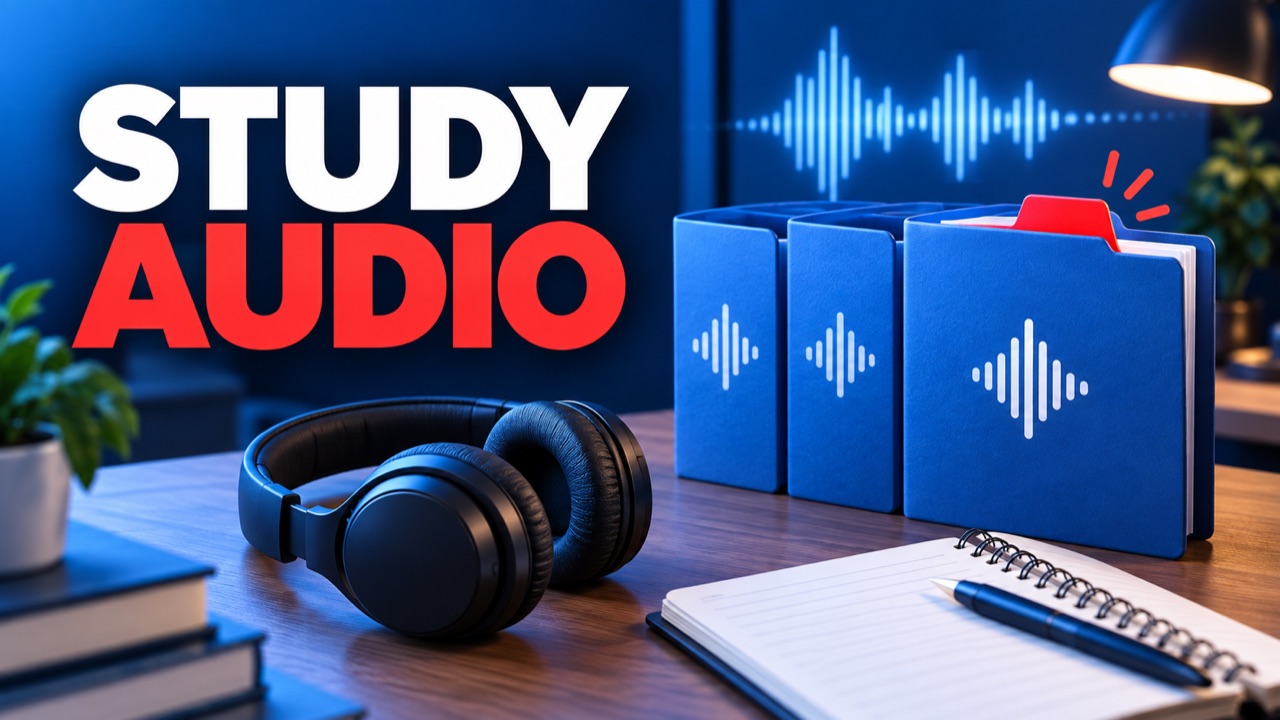 Study desk with headphones, notebook and organized audio folders